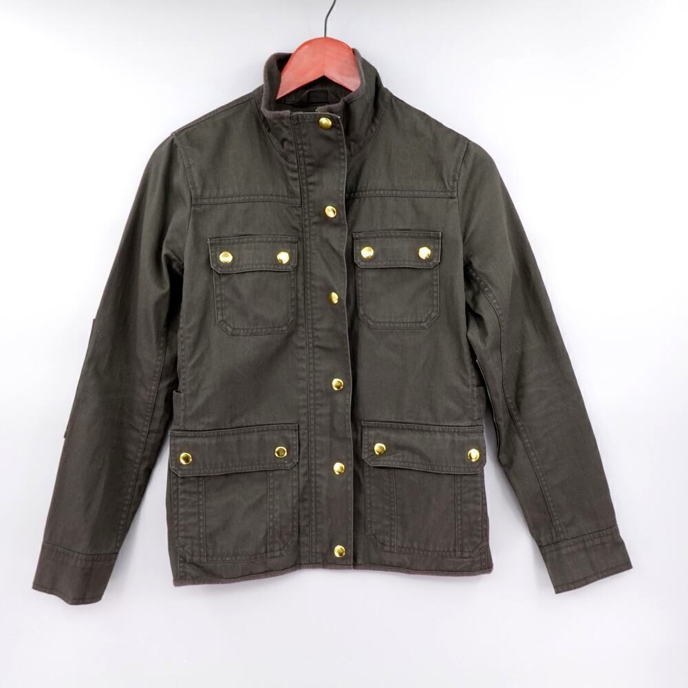 J Crew Boyfriend Field Jacket Women XS Moss Green Resin Coated Military Utility
